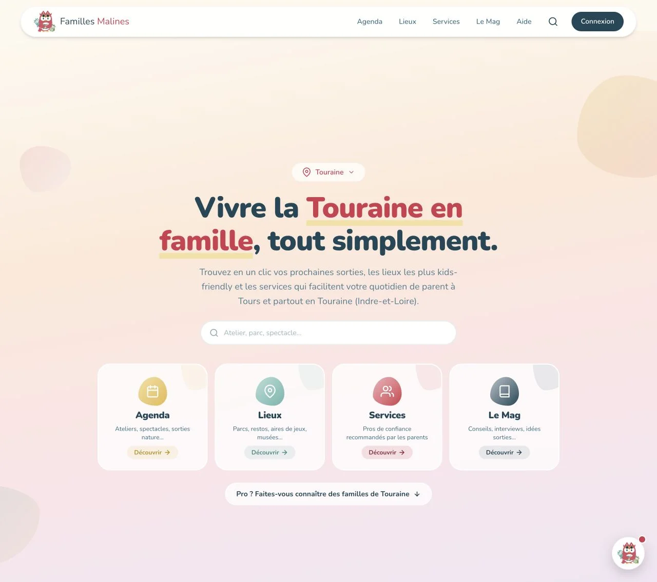 Familles Malines : Un annuaire de professionnels, de lieux et de services, et un agenda d'événements pour les familles, avec espace pro, blog et lettre d'information. Conçu pour être tenu à jour par une personne seule, sans développeur derrière.